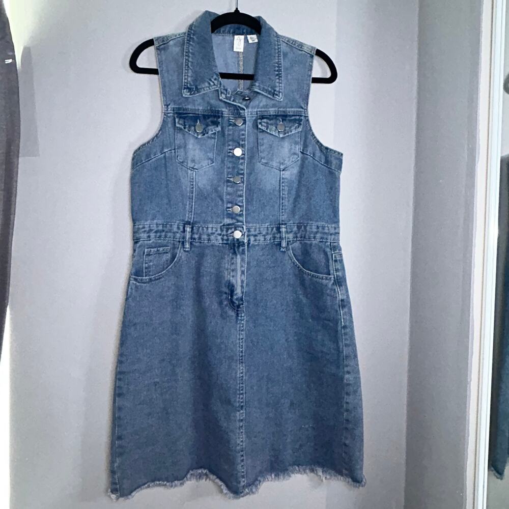 Joie Collared Sleeveless Button-Up Mini Jean Dress w/Raw Hem, Sz L